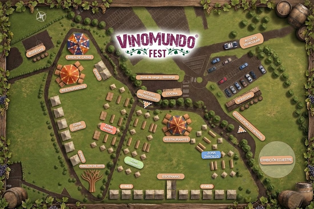 Plano del recinto de Vinomundo Fest con zonas, bodegas, restaurantes y accesos