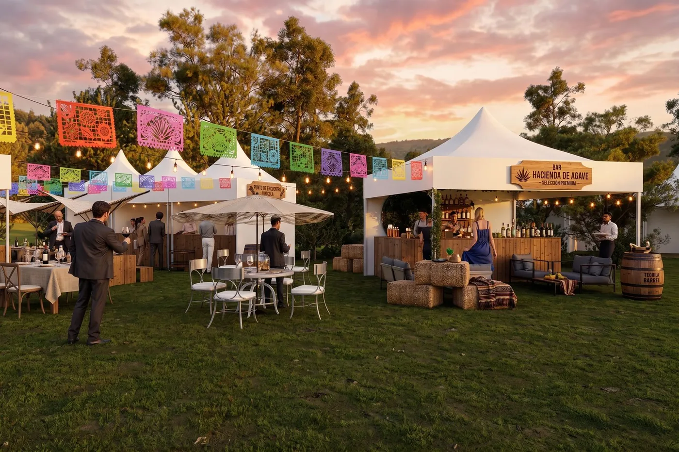 Ambiente del festival Vinomundo Fest con stands, bar Hacienda de Agave y área de degustación al atardecer